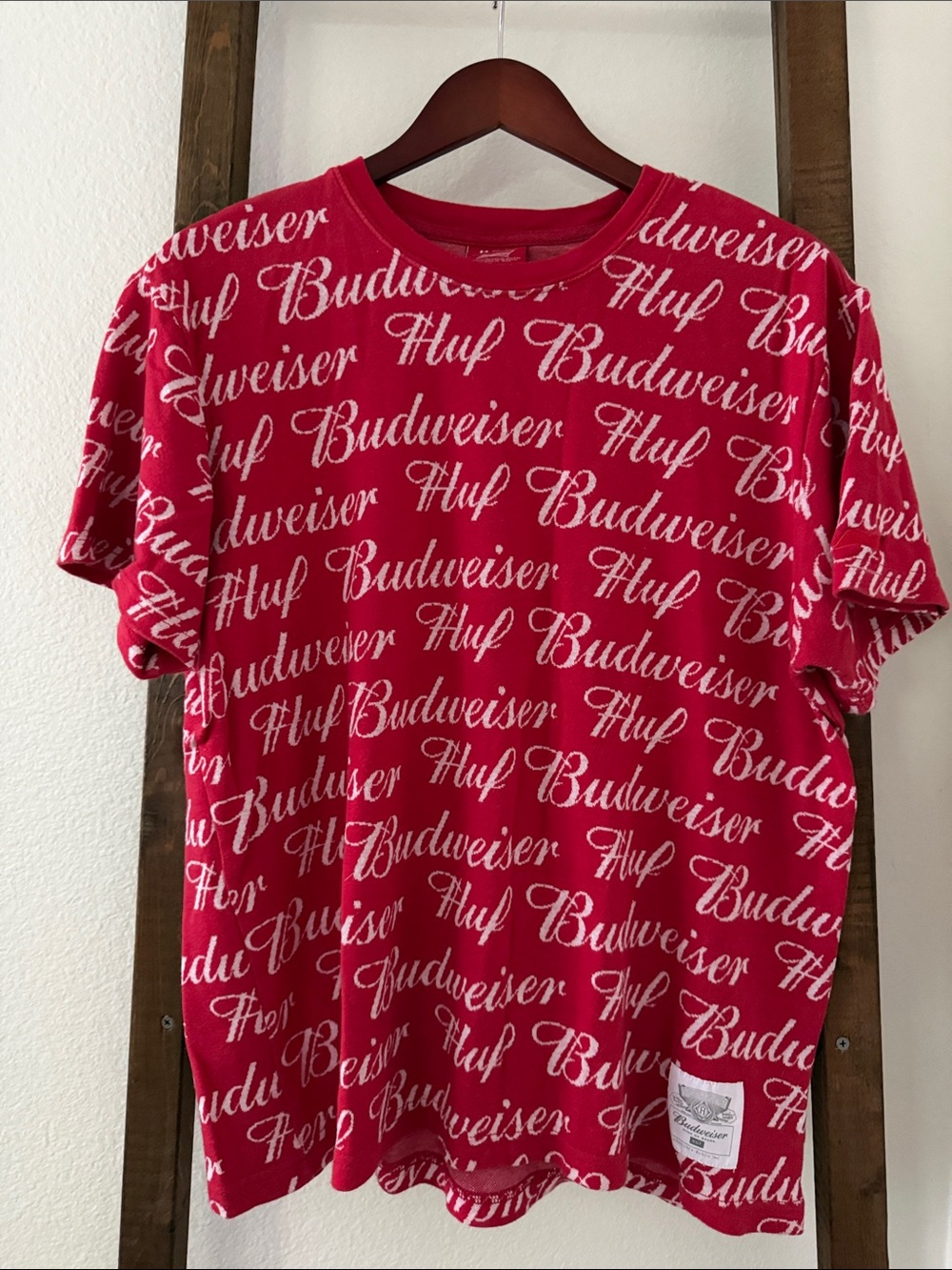 HUF Red Tee with White Budweiser Script All-Over